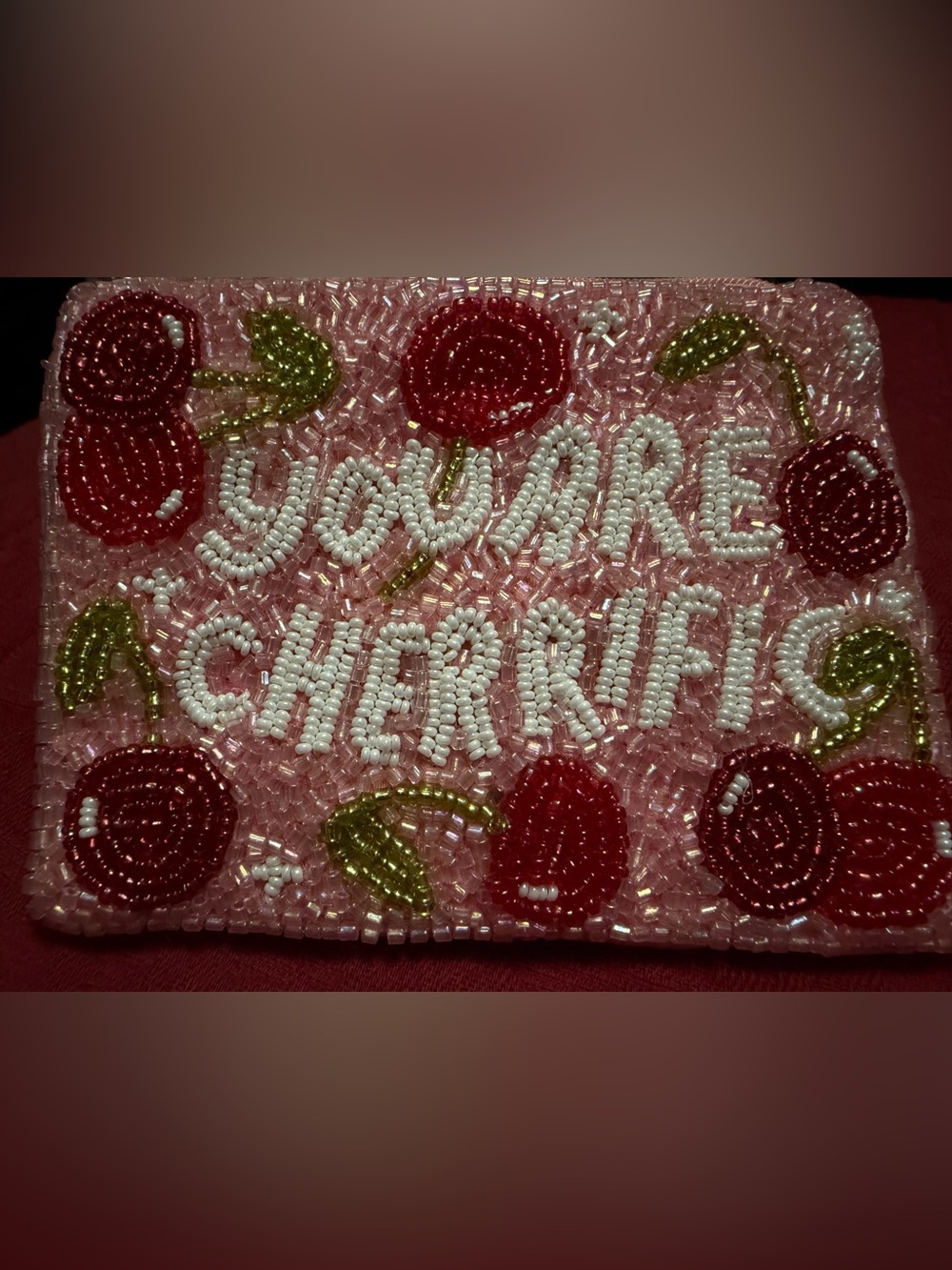 Beaded “you are cherrific” Pink Zipper Coin Clutch with Cherries